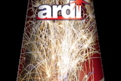 Boîte de feux d'artifice avec illustrations de gerbes colorées et mentions ’100% feu’ et ’25 départs’.