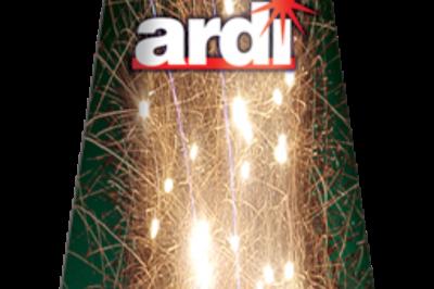 Boîte de feux d'artifice avec illustrations de gerbes colorées et mentions ’100% feu’ et ’25 départs’.