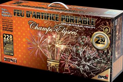 Boîte de feux d'artifice avec illustrations de gerbes colorées et mentions ’100% feu’ et ’25 départs’.