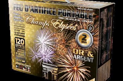 Boîte de feux d'artifice avec illustrations de gerbes colorées et mentions ’100% feu’ et ’25 départs’.