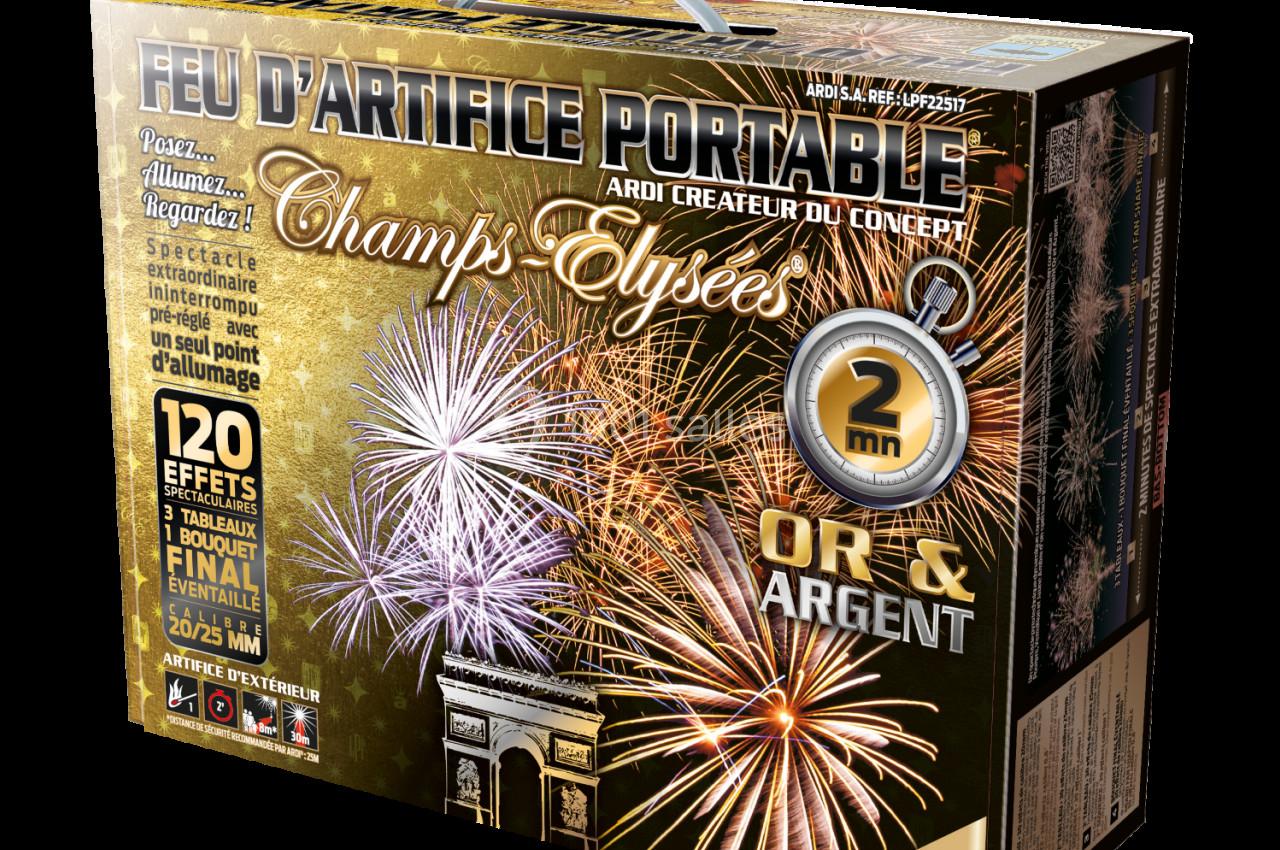 Boîte de feu d'artifice portable avec visuel de feux d'artifice et mentions des caractéristiques sur l'emballage.
