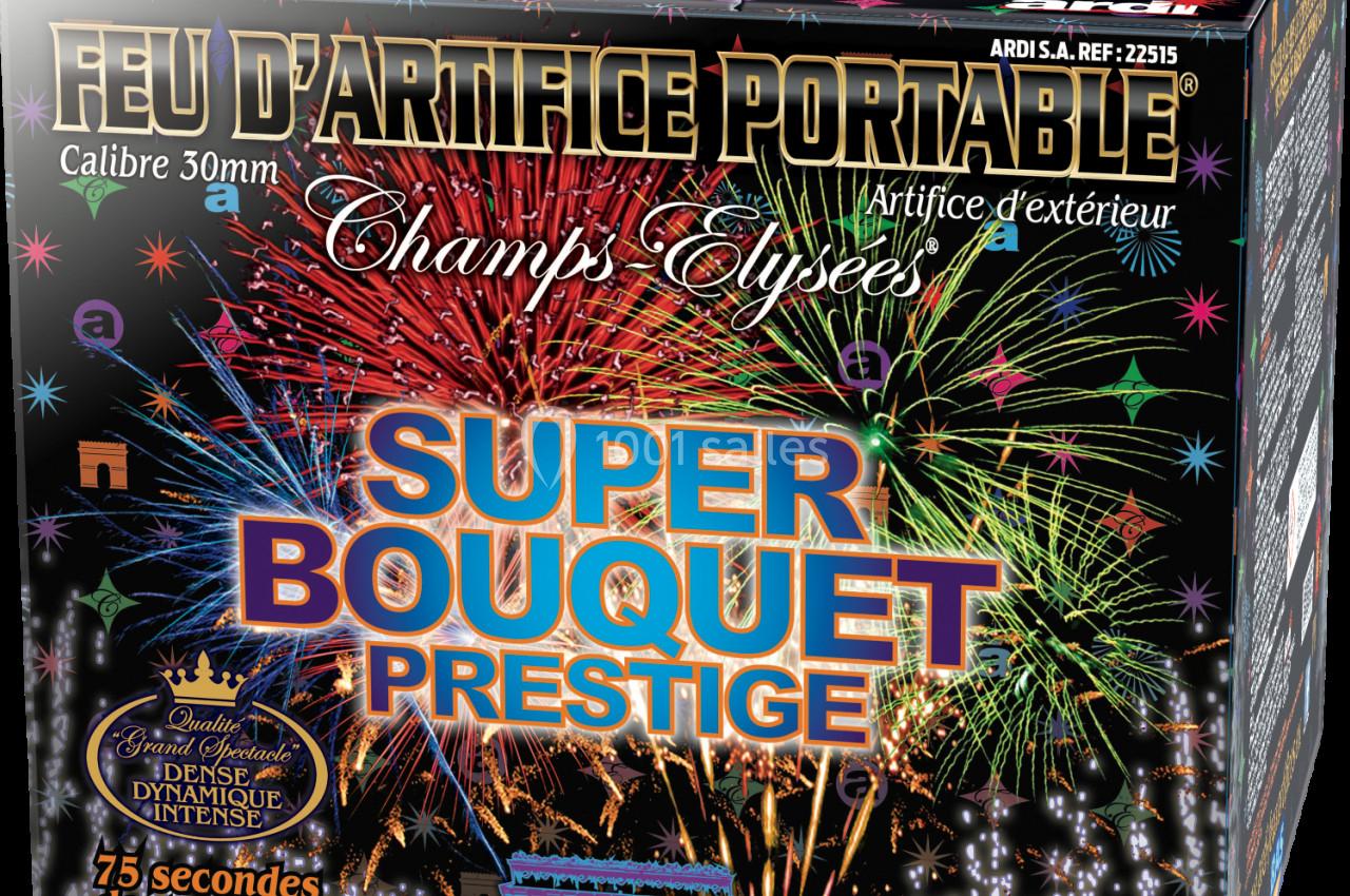 Boîte de feu d'artifice portable avec illustrations de feux colorés et mentions ’Super Bouquet Prestige’.