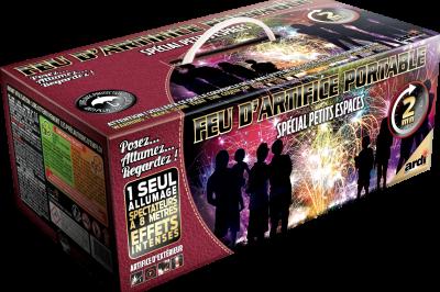 Boîte de feux d'artifice avec illustrations de gerbes colorées et mentions ’100% feu’ et ’25 départs’.