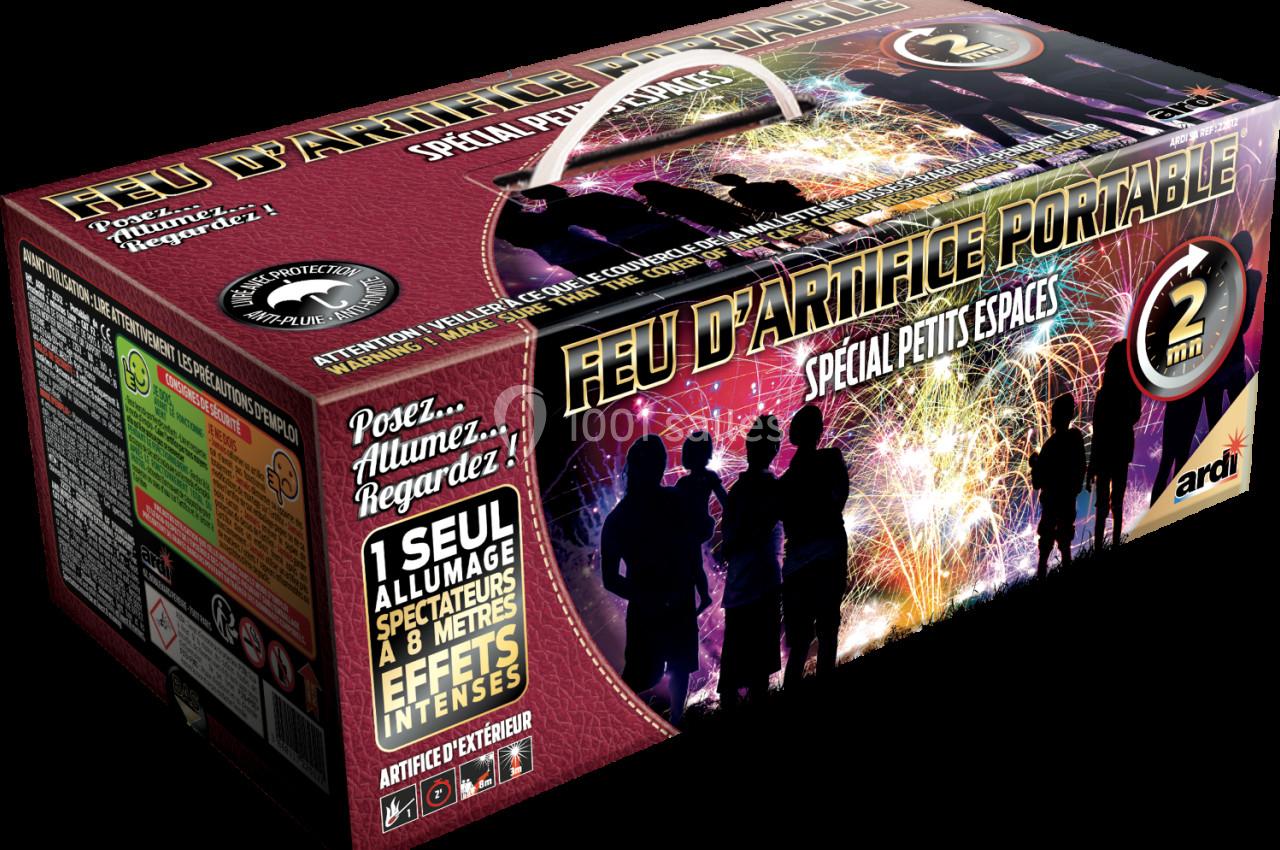 Boîte de feu d'artifice portable avec illustrations de silhouettes et mention d'effets adaptés aux petits espaces.