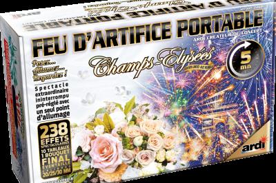 Boîte de feux d'artifice avec illustrations de gerbes colorées et mentions ’100% feu’ et ’25 départs’.