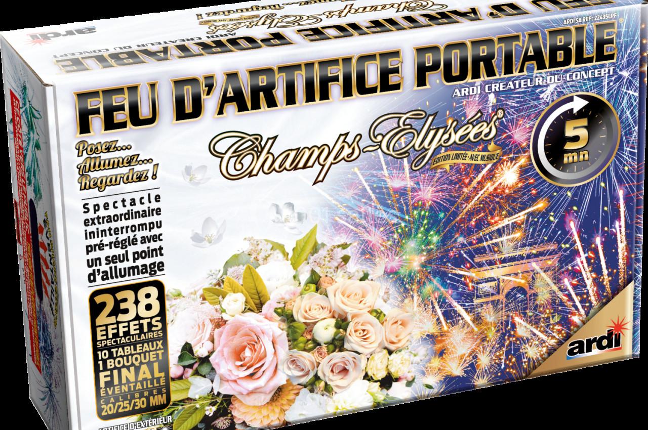 Boîte de feu d'artifice portable avec illustration de fleurs, feux colorés et informations sur la durée et les effets.