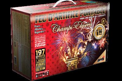 Boîte de feux d'artifice avec illustrations de gerbes colorées et mentions ’100% feu’ et ’25 départs’.