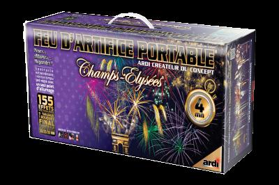 Boîte de feux d'artifice avec illustrations de gerbes colorées et mentions ’100% feu’ et ’25 départs’.