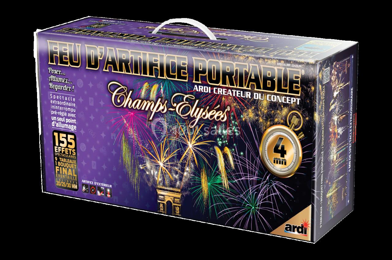 Boîte de feu d'artifice portable avec visuel coloré représentant des explosions lumineuses et l'Arc de Triomphe.