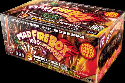 Boîte de feux d'artifice avec illustrations de gerbes colorées et mentions ’100% feu’ et ’25 départs’.