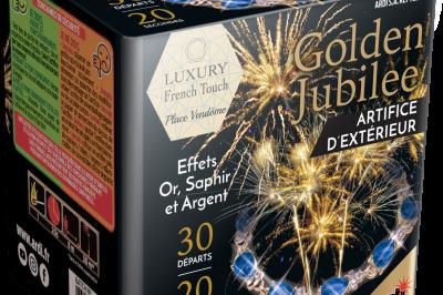 Boîte de feux d'artifice avec illustrations de gerbes colorées et mentions ’100% feu’ et ’25 départs’.