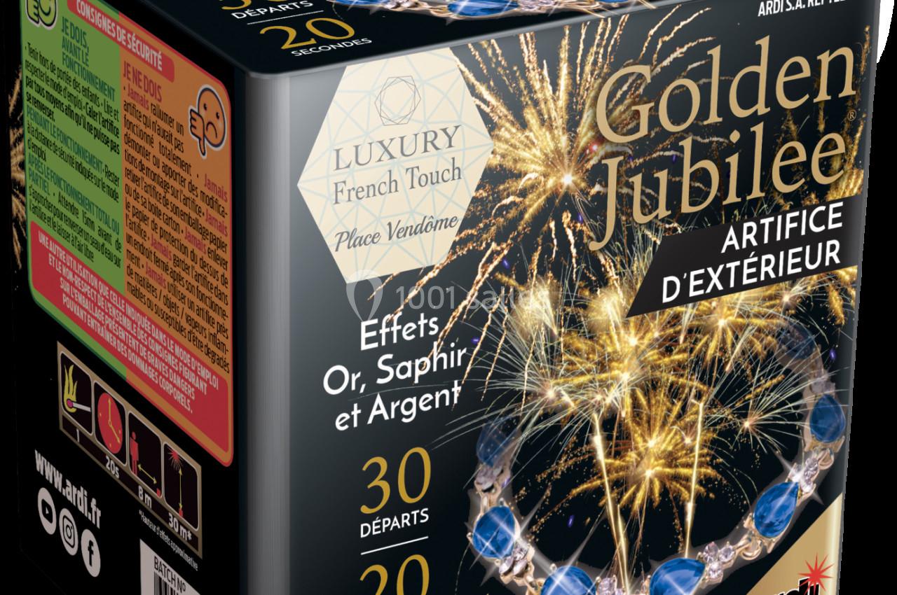 Boîte de feu d'artifice extérieur ’Golden Jubilee’ avec effets or, saphir et argent, 30 départs en 20 secondes.