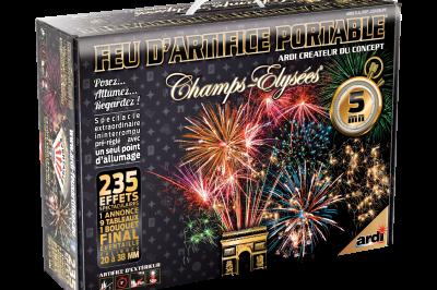 Boîte de feux d'artifice avec illustrations de gerbes colorées et mentions ’100% feu’ et ’25 départs’.