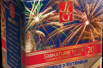 Boîte de feux d'artifice avec illustrations de gerbes colorées et mentions ’100% feu’ et ’25 départs’.