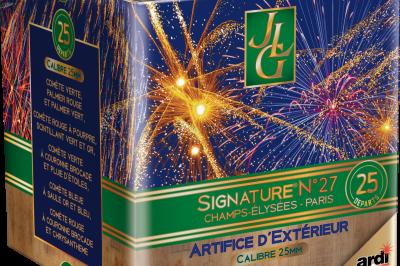 Boîte de feux d'artifice avec illustrations de gerbes colorées et mentions ’100% feu’ et ’25 départs’.