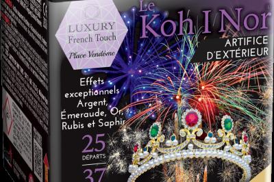 Boîte de feux d'artifice avec illustrations de gerbes colorées et mentions ’100% feu’ et ’25 départs’.
