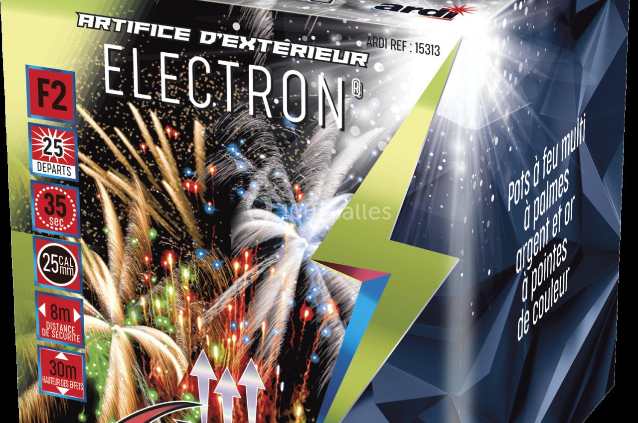 Boîte de feux d'artifice avec des illustrations de gerbes lumineuses et des informations techniques imprimées.