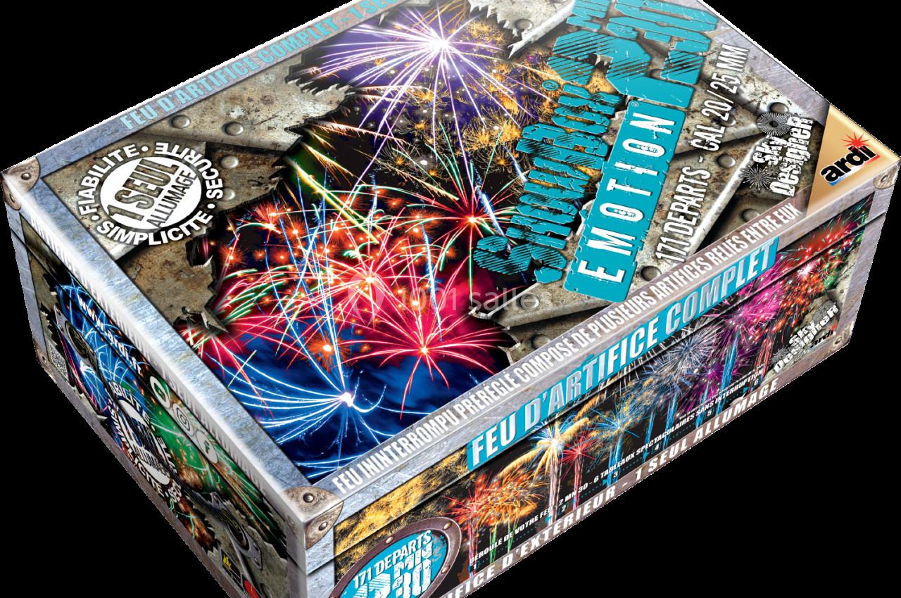 Boîte de feu d'artifice avec des illustrations de feux multicolores et des informations sur le contenu et la marque.