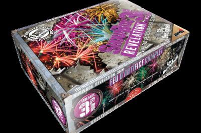 Boîte de feu d'artifice portable dorée avec illustrations de feux d'artifice et informations sur le produit.