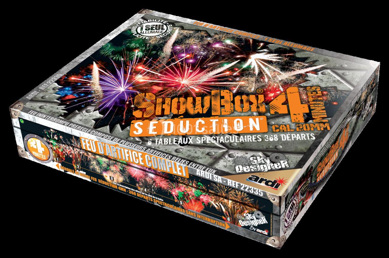 Boîte de feux d'artifice avec illustrations colorées de spectacles pyrotechniques sur l'emballage.