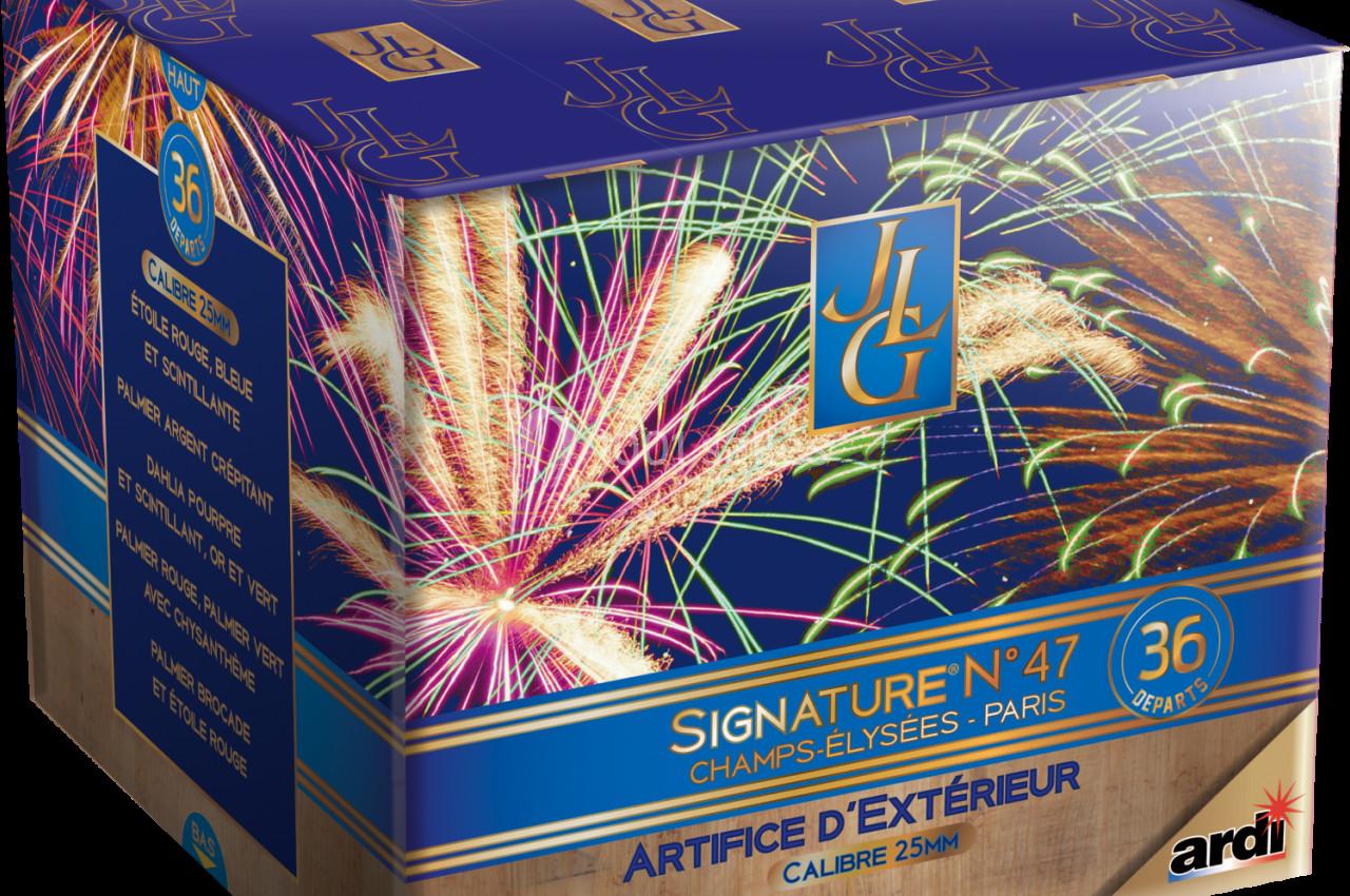 Boîte de feux d'artifice avec des motifs colorés et des informations sur le produit imprimées sur l'emballage.