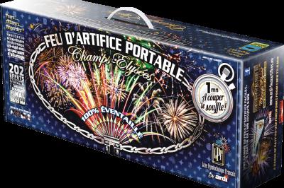 Boîte de feu d'artifice portable dorée avec illustrations de feux d'artifice et informations sur le produit.