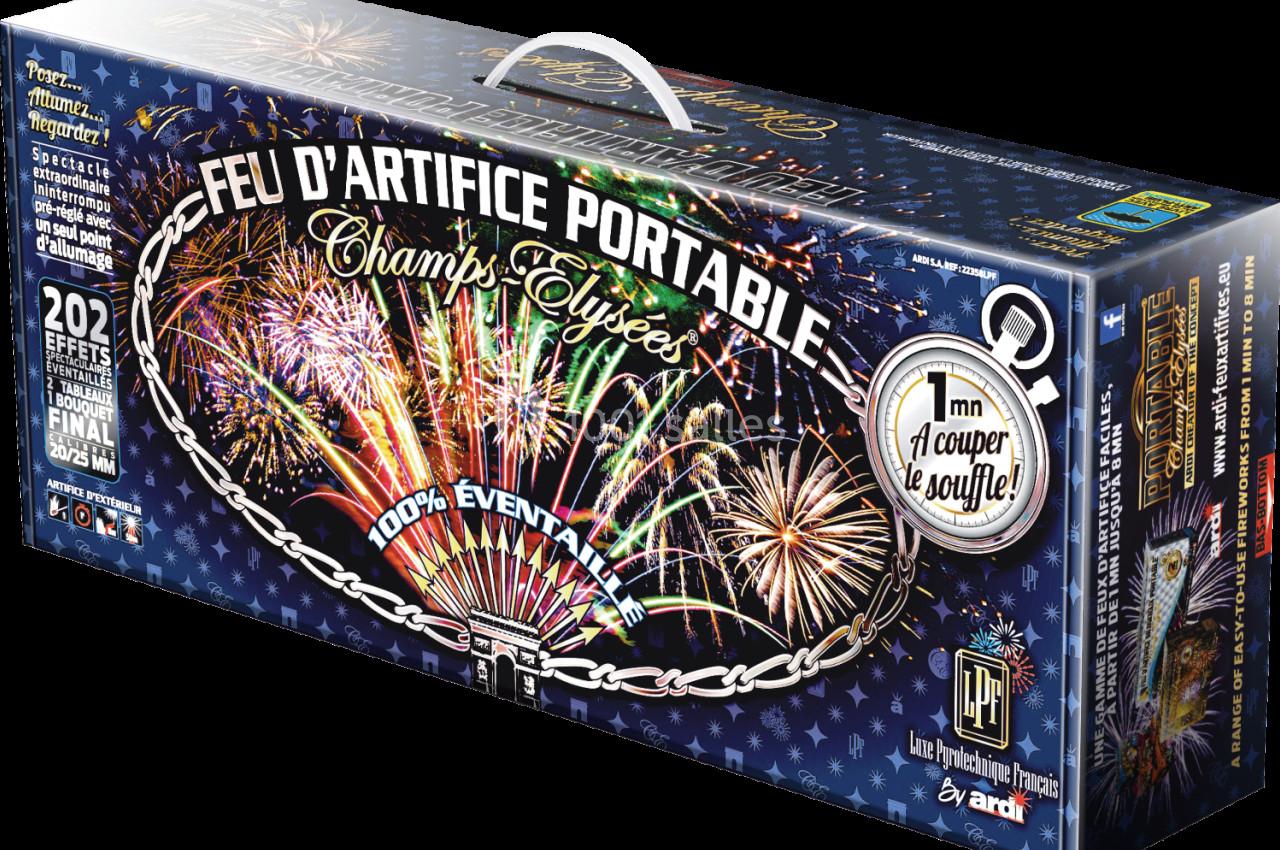 Boîte de feu d'artifice portable avec illustrations de feux multicolores et mentions sur les effets et la durée.