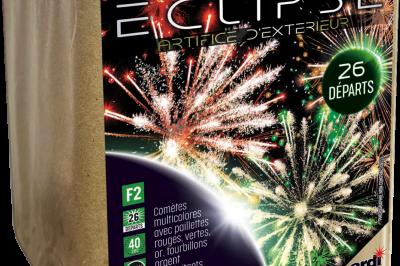 Boîte de feu d'artifice portable dorée avec illustrations de feux d'artifice et informations sur le produit.