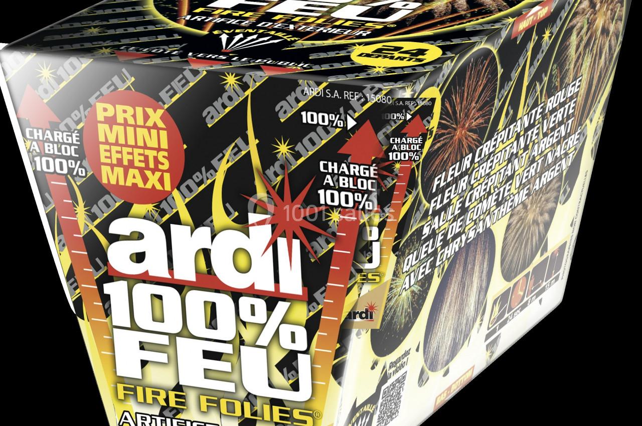 Boîte d'artifice d'extérieur avec illustrations des effets pyrotechniques et mentions de performance sur l'emballage.