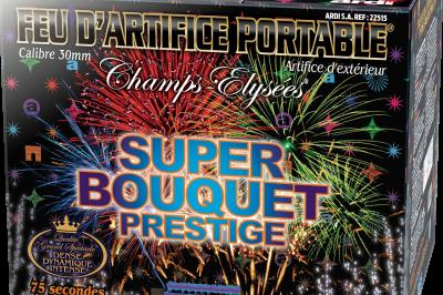 Boîte de feu d'artifice portable dorée avec illustrations de feux d'artifice et informations sur le produit.