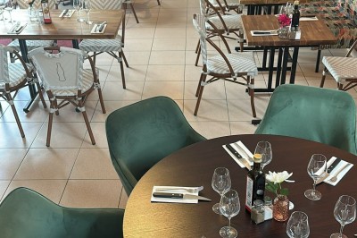 Salle de restaurant lumineuse avec tables en bois, chaises vertes, décorations végétales et comptoir en arrière-plan.