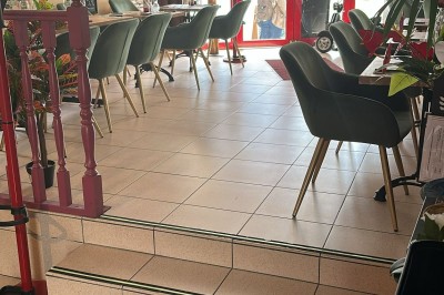 Salle de restaurant lumineuse avec tables en bois, chaises vertes, décorations végétales et comptoir en arrière-plan.