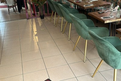 Salle de restaurant lumineuse avec tables en bois, chaises vertes, décorations végétales et comptoir en arrière-plan.