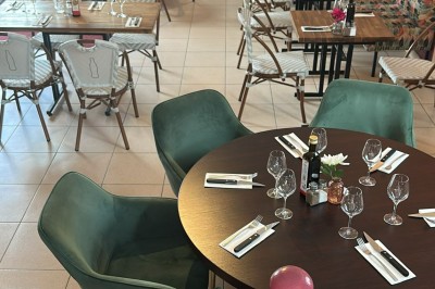 Salle de restaurant lumineuse avec tables en bois, chaises vertes, décorations végétales et comptoir en arrière-plan.