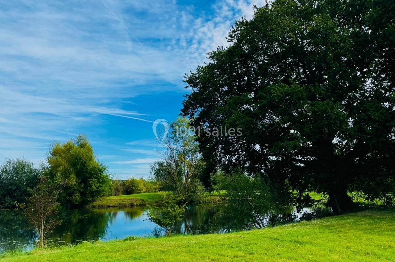 Paysage avec un grand arbre près d'un étang entouré de verdure sous un ciel partiellement nuageux.