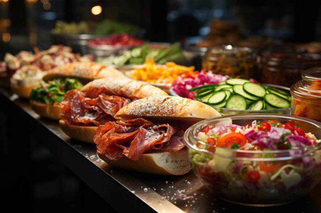 Plateau de sandwichs garnis de charcuterie et légumes frais, accompagnés de salades variées dans un cadre lumineux.