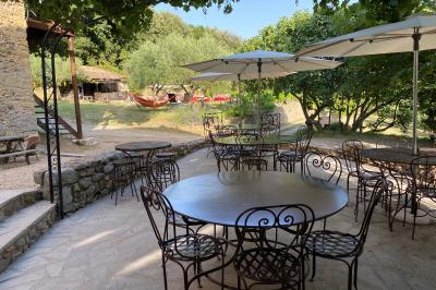 Une rangée de vélos garés sous des arbres dans un espace vert, avec une personne en arrière-plan.