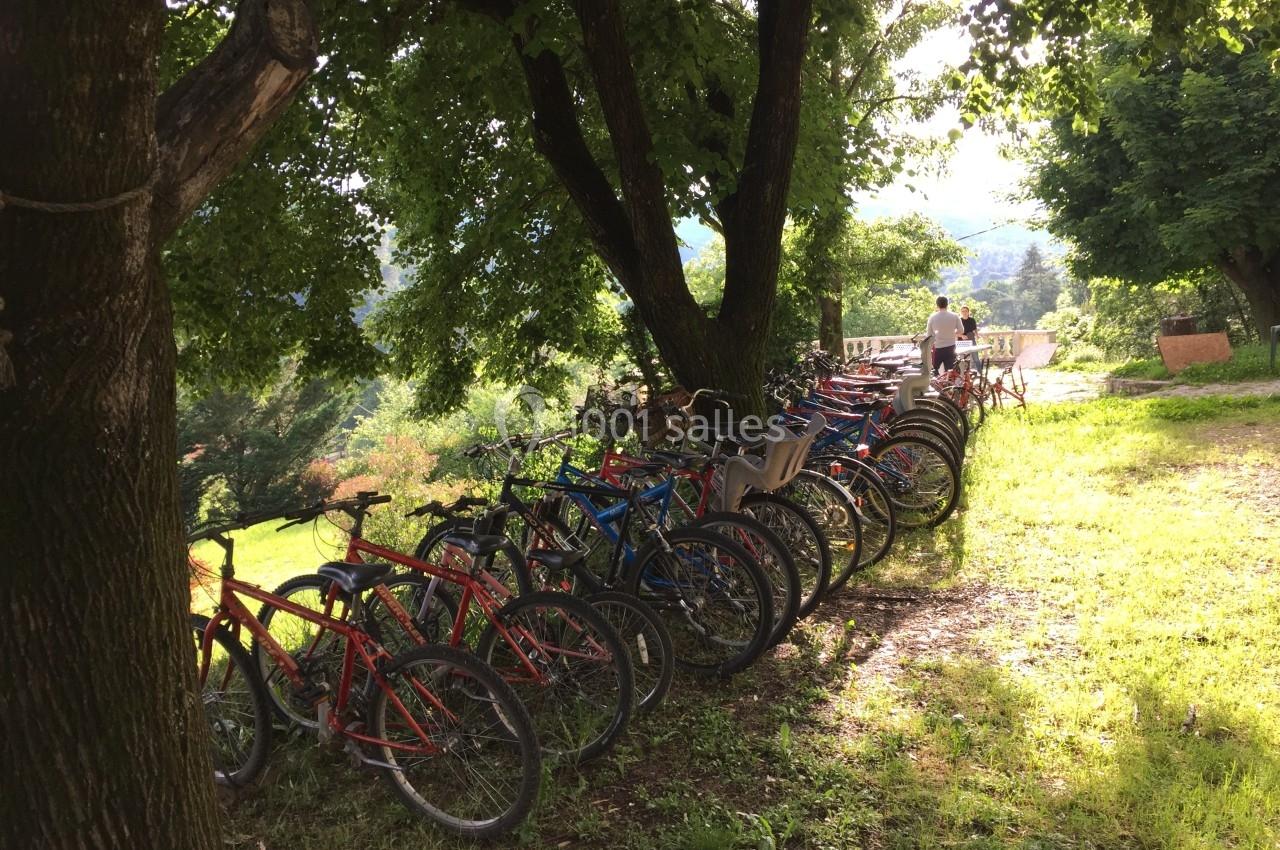 Une rangée de vélos garés sous des arbres dans un espace vert, avec une personne en arrière-plan.