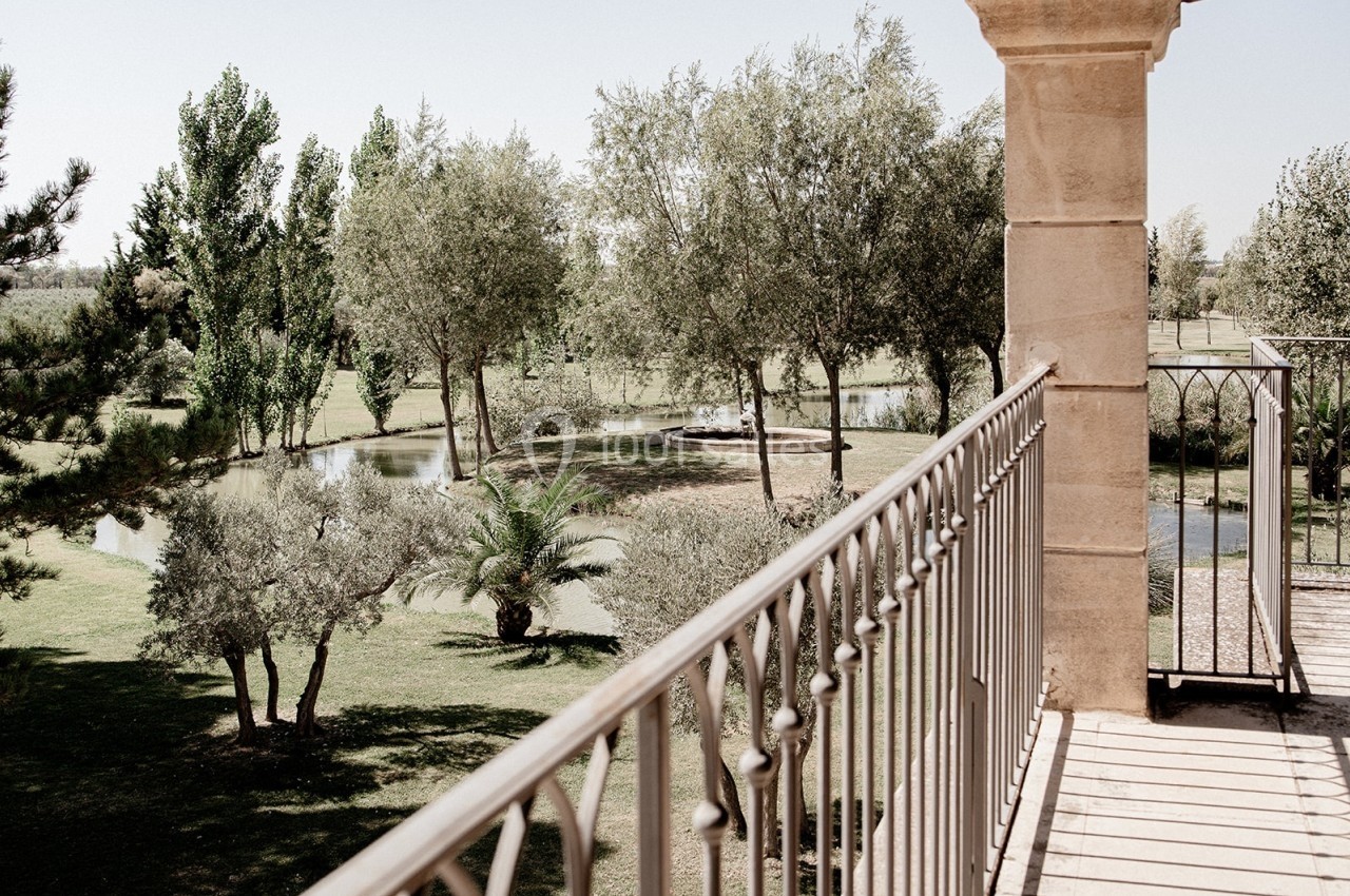 Vue depuis un balcon avec une balustrade en métal, donnant sur un parc arboré avec un étang et des pelouses.