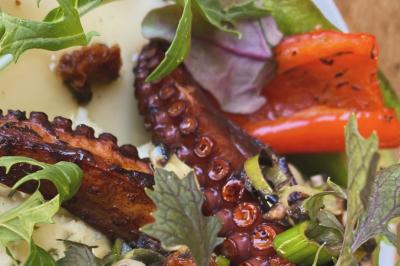 Homme en veste de chef blanche, debout devant une architecture en pierre et des grilles métalliques.