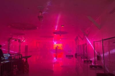 Bâtiment moderne avec façade noire, terrasse aménagée, murs végétalisés et sculptures, sous un ciel nuageux.