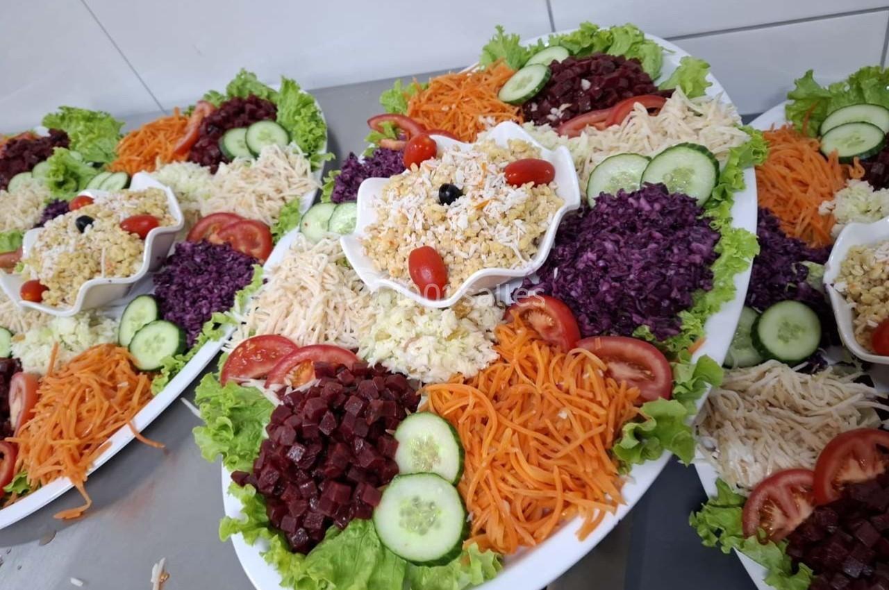 Assortiment de salades colorées avec carottes râpées, chou rouge, concombres, tomates et garniture centrale.