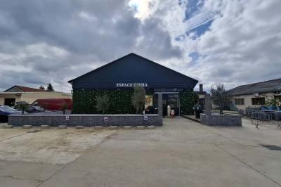 Bâtiment moderne avec façade noire, terrasse aménagée, murs végétalisés et sculptures, sous un ciel nuageux.
