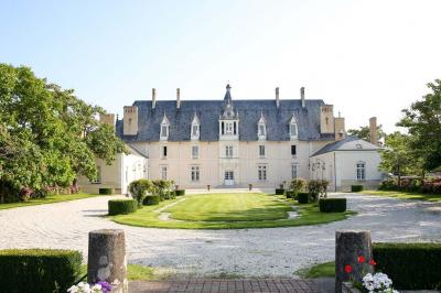 Façade d'un château avec une tour centrale et des fenêtres, entouré de végétation.