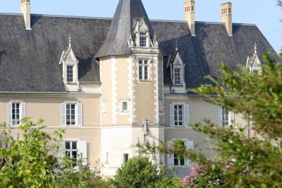 Façade d'un château avec une tour centrale et des fenêtres, entouré de végétation.