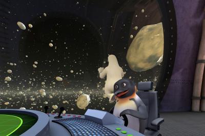 Dôme gonflable noir avec motif de galaxie, utilisé pour des projections, installé dans un gymnase.