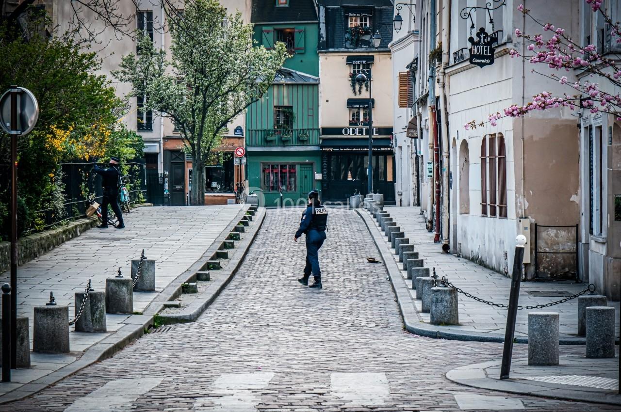 Une rue pavée bordée de bâtiments anciens, avec un policier marchant au centre et des arbres en fleurs.
