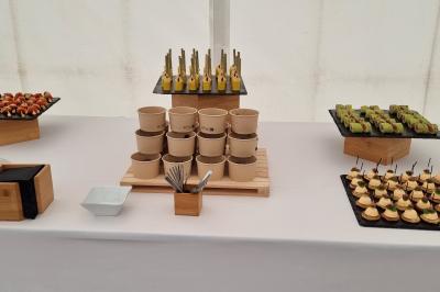 Plateau de canapés garnis de crevettes et mousse noire, disposés sur une table devant un sapin illuminé.