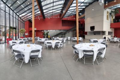 Plateau de canapés garnis de crevettes et mousse noire, disposés sur une table devant un sapin illuminé.