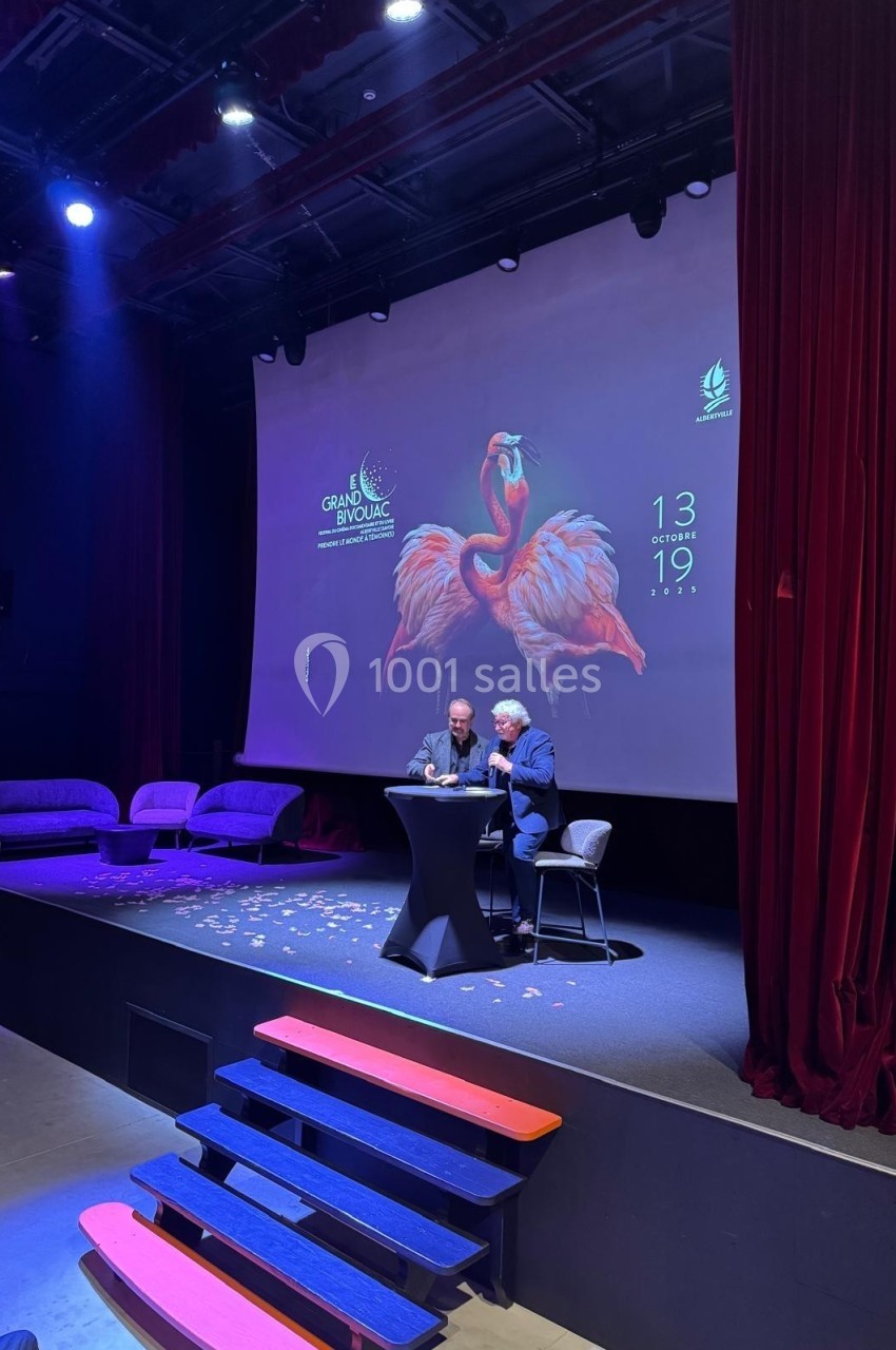 Deux personnes discutent sur une petite scène éclairée, devant un écran affichant des flamants roses et des informations d…